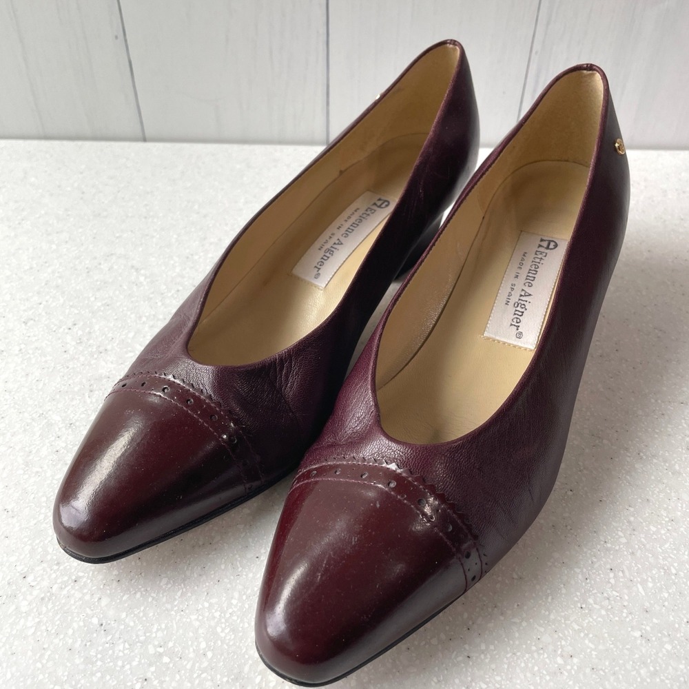Etienne Aigner Oxblood Burgundy Leather Block Heel Pumps Made in Spain Size 9M